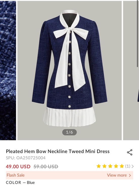 Commense Dresses & Skirts - Commense Navy Blue Tweed Pleated-Hem Long Sleeve Mini Dress with White Bow